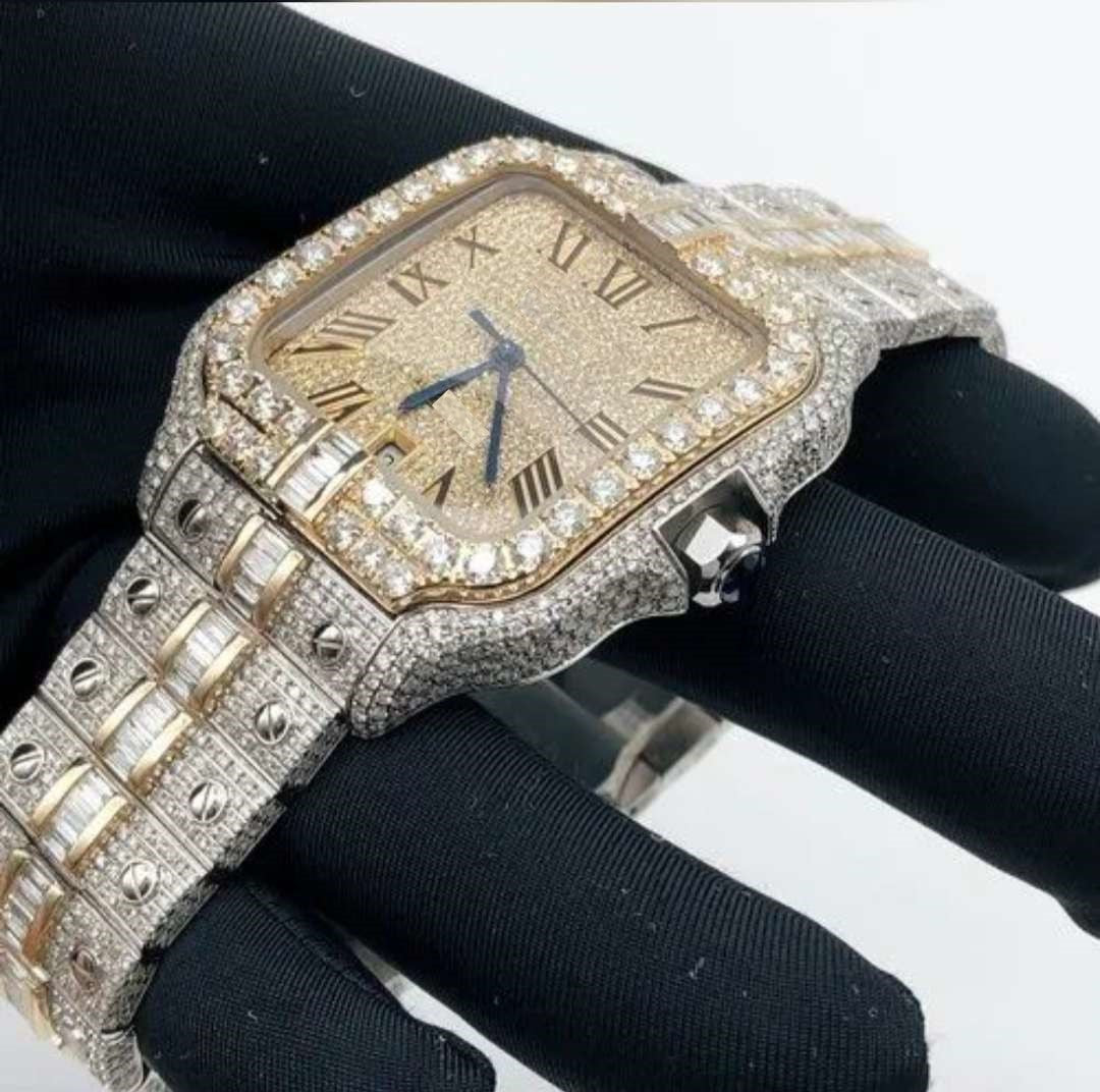 Cartier Santos Moissanite Diamond Men Watch, Stainless Steel 2 Tone Gold Plated Men Watch For Birthday Gift