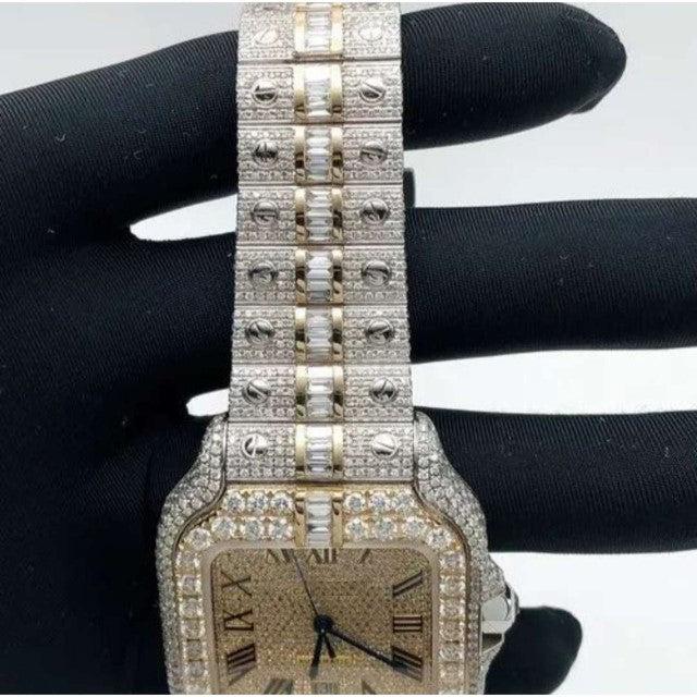 Cartier Santos Round & Prinsees Moissanite Diamond Men Watch, Stainless Steel Gold Plated Men Watch