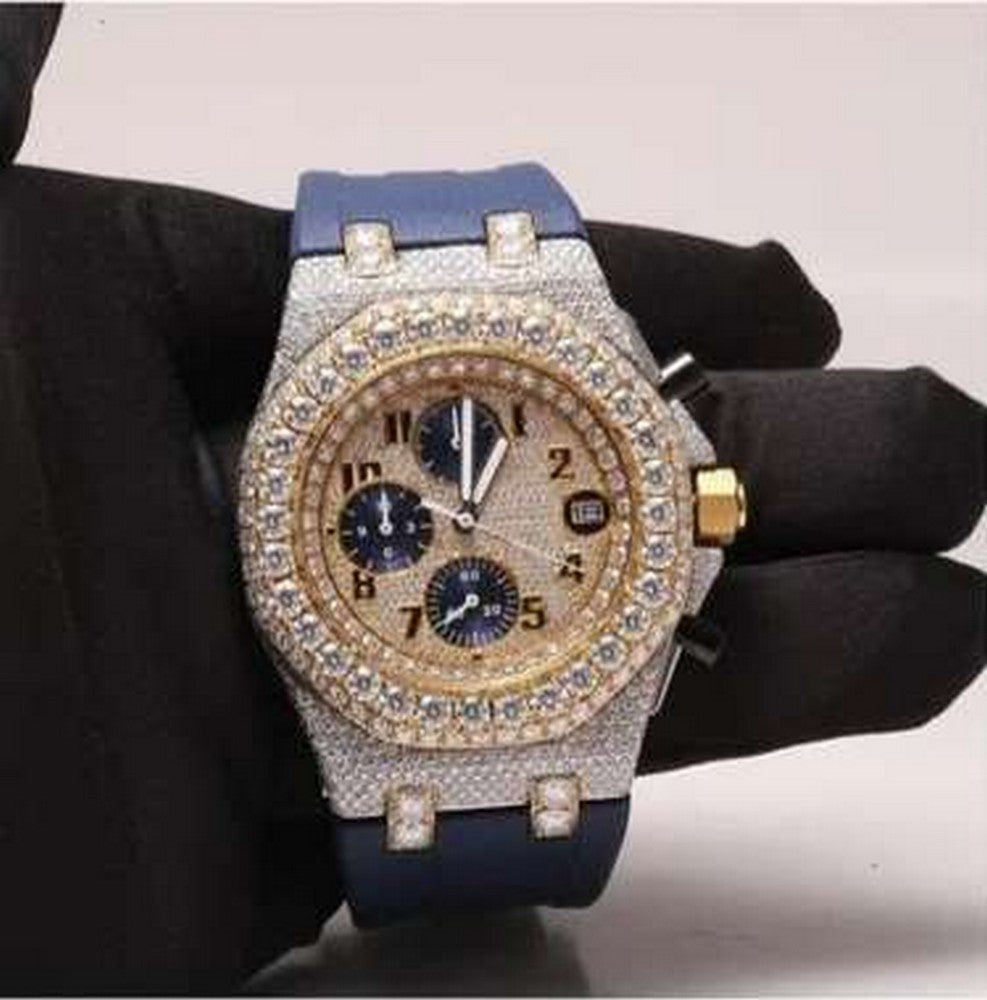Full Iced Out Yellow & White Gold Plated Moissanite Diamond Men Watch, Silicon Blue Band All Chronology Working 42mm Men Watch