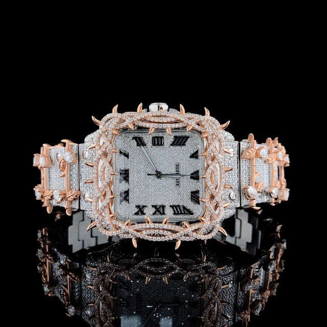 Cartier Santos Round Moissanite Diamond 3D Calet Men Watch, Stainless Steel White Gold Plated Men Watch