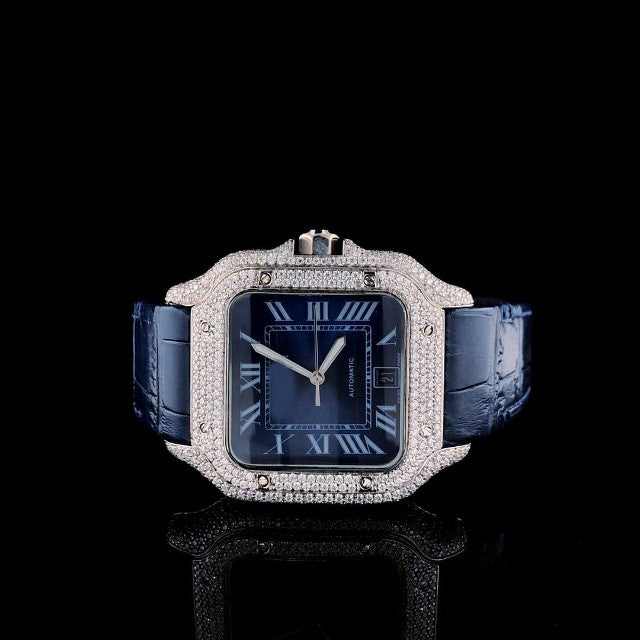 Cartier Santos Moissanite Diamond Full Iced Out Men Watch, Stainless Steel Yellow Gold Plated Men Watch