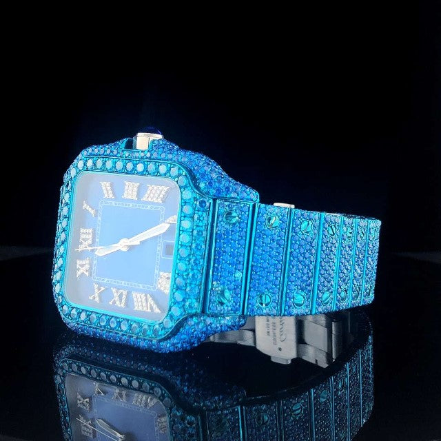 Cartier Santos Customized VVS Diamond Men Watch, Stainless Steel Plated Men Watch