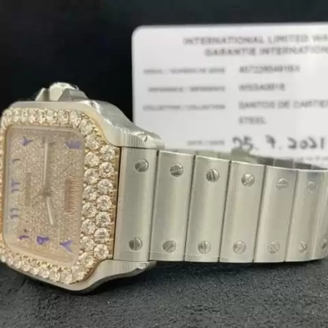 Cartier Santos VVS Diamond Men Watch, Stainless Steel 2 Tone Gold Plated Men Watch