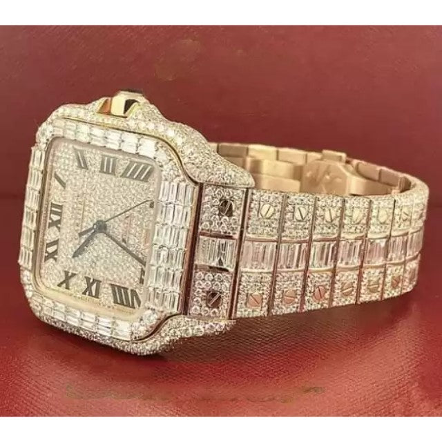 Cartier Santos Round & Baguette VVS Diamond Men Watch, Stainless Steel Rose Gold Plated Men Watch