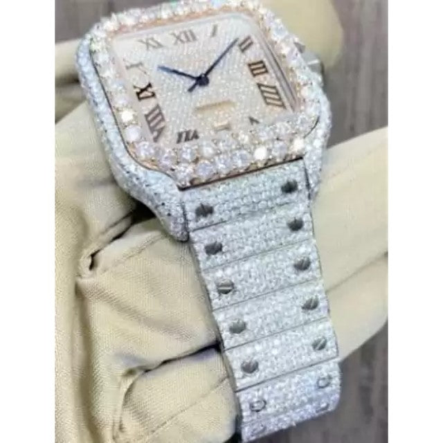 Cartier Santos VVS Diamond Men Watch, Stainless Steel 2 Tone Gold Plated Men Watch