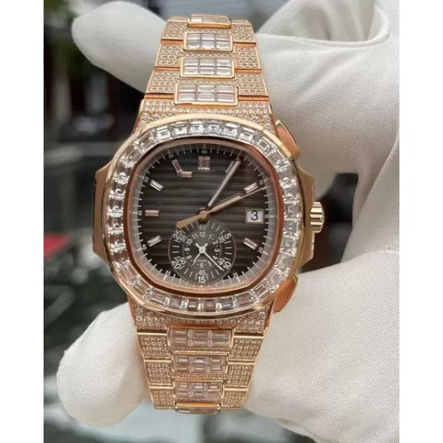 Patek Philippe Geneve Round & Baguette VVS Diamond Men Automatic Watch, Rose Gold Plated Full Iced Out Men Watch