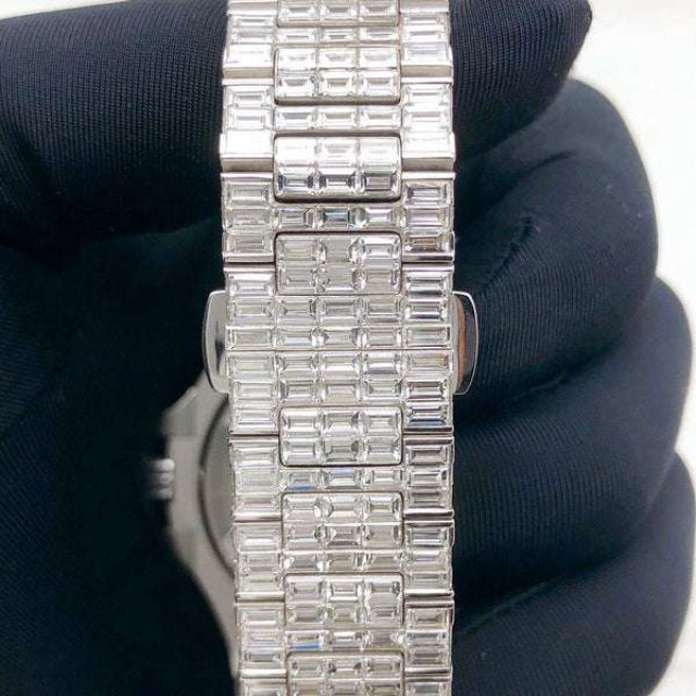 Patek Philippe Baguette Moissanite Diamond Men Automatic Watch, White Gold Plated Full Iced Out Men Moissanite Watch