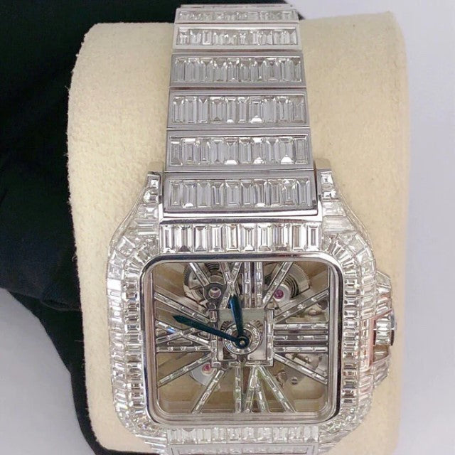 Cartier Skeleton Baguette VVS Diamond Men Watch, Stainless Steel White Gold Plated Men Watch