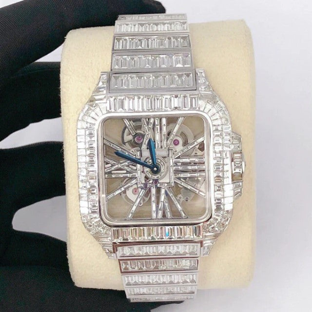 Cartier Skeleton Baguette VVS Diamond Men Watch, Stainless Steel White Gold Plated Men Watch