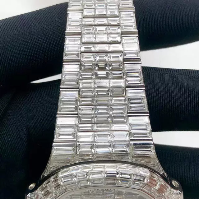 Patek Philippe Baguette Moissanite Diamond Men Automatic Watch, White Gold Plated Full Iced Out Men Moissanite Watch