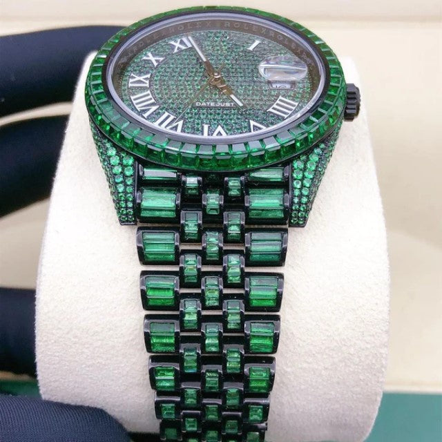 Rolex President Green Sapphire Baguette Diamond Men Automatic Watch, White Gold Plated Men Watch For Birthday Gift, Color Gemstone Watch For Men