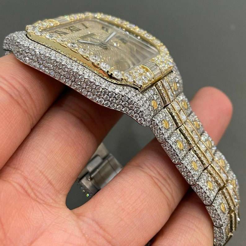 Cartier Santos Moissanite Diamond Men Watch, Stainless Steel Gold Plated Men Watch For Birthday Gift